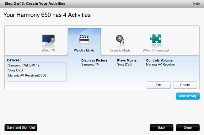 Список действий в MyHarmony