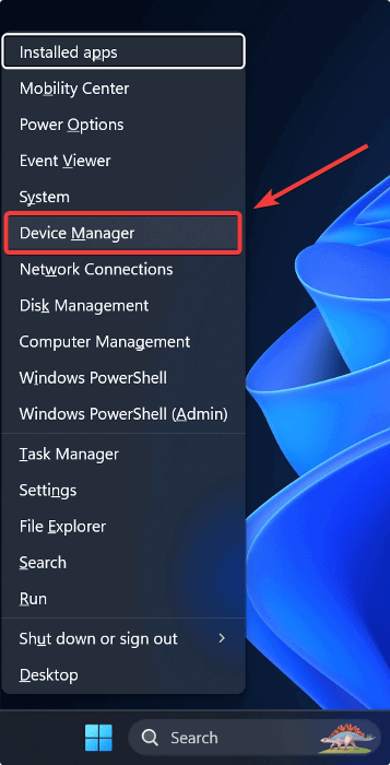 Переход в Диспетчер устройств из меню Win+X