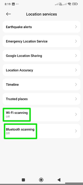 Отключение сканирования Wi‑Fi и Bluetooth