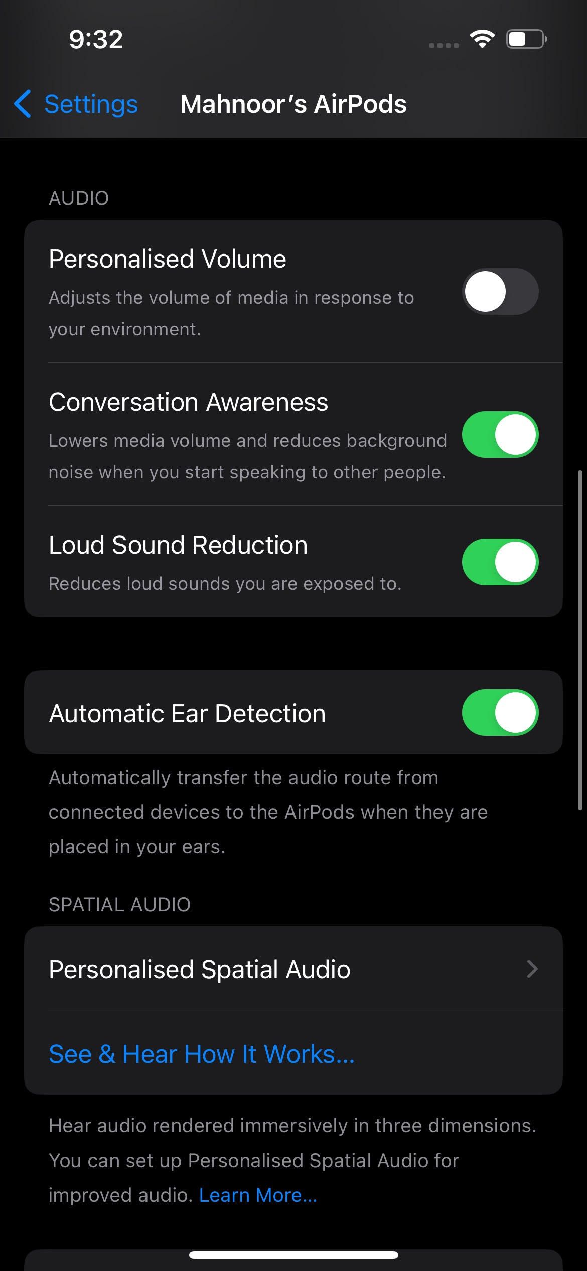 Toggling Conversation Awareness feature on in AirPods settings