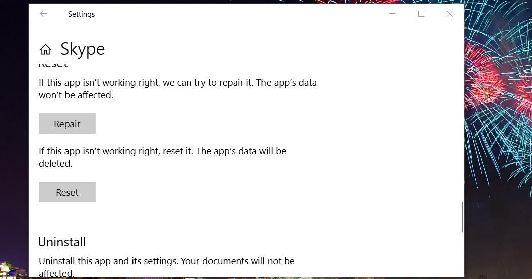 Кнопки «Восстановление» и «Сброс» для приложения