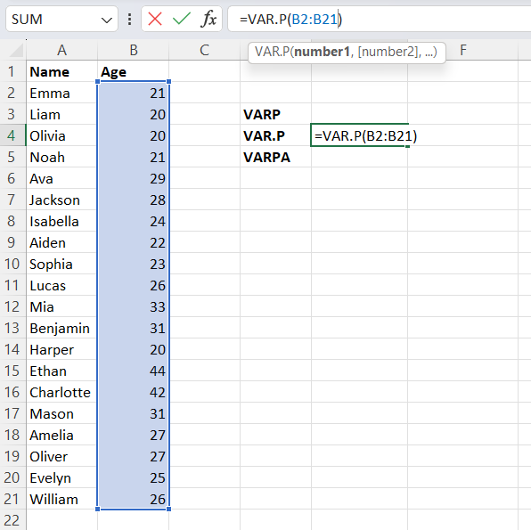 Ввод формулы VAR.P в строку формул Excel, пример: =VAR.P(B2:B21).