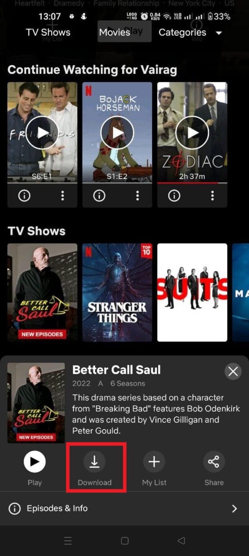 Lista de downloads em app Android da Netflix