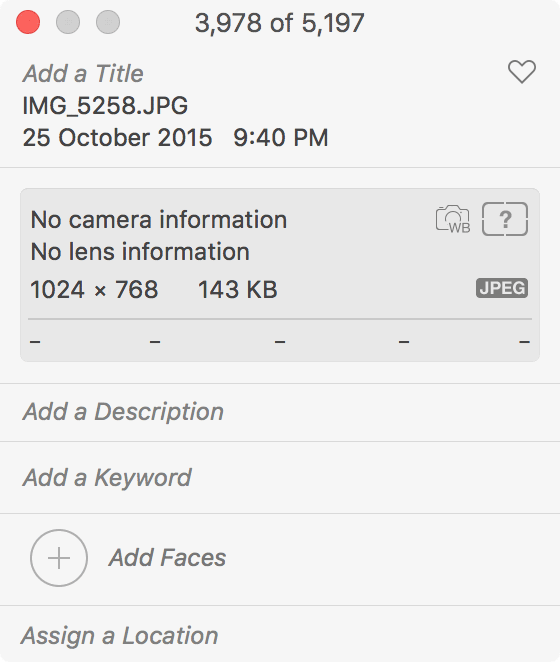 Окно информации Photos с опцией назначения местоположения