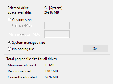 Настройки виртуальной памяти Windows