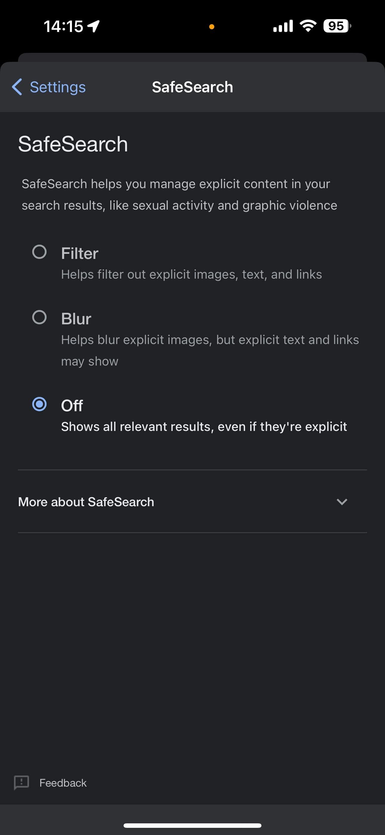 SafeSearch выключен в приложении Google