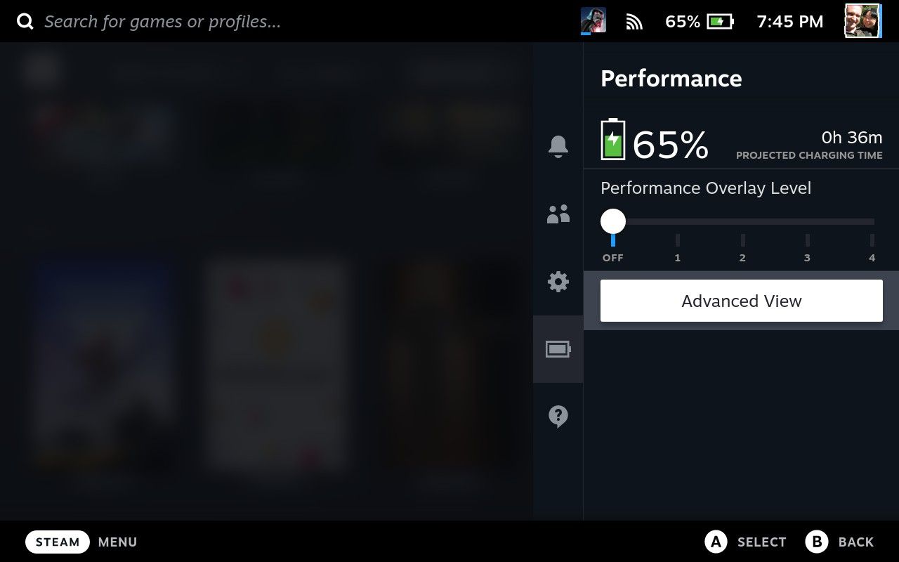 Экран Steam Deck с настройками производительности и частоты обновления
