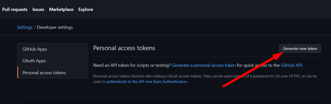 Страница настроек Personal Access Tokens в GitHub