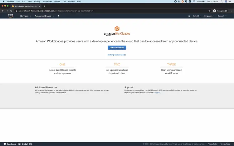 Панель управления WorkSpaces — кнопка «Get Started Now»