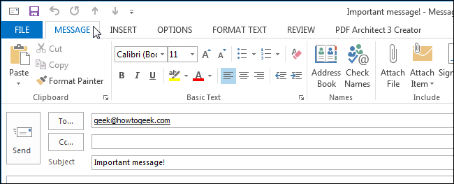Вкладка Сообщение в новом письме Outlook