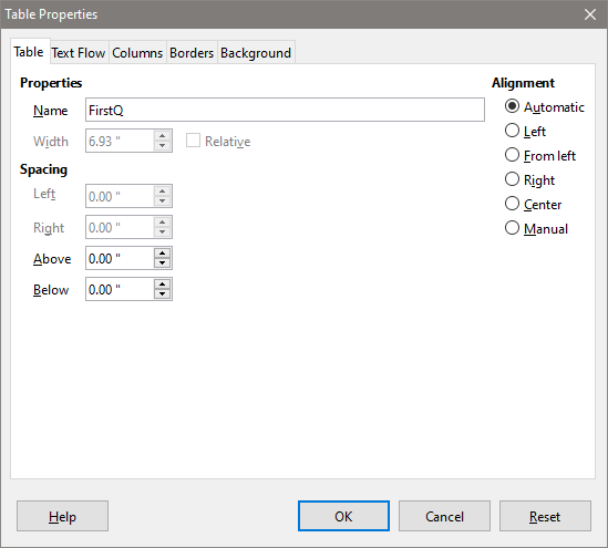 Окно свойств таблицы с полем имени таблицы