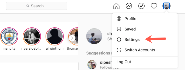 Откройте Настройки на сайте Instagram