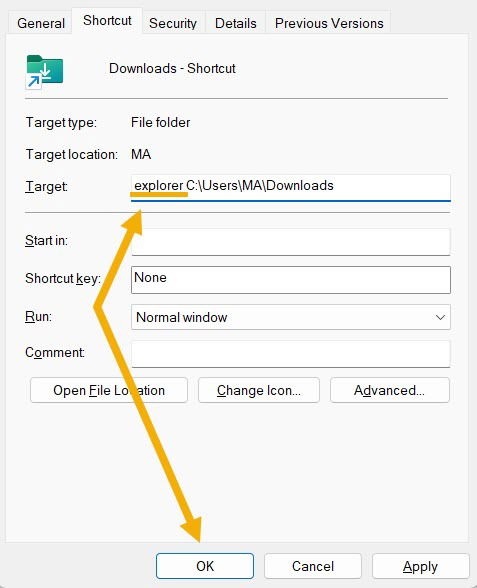 Добавление 'explorer' в поле 'Объект' окна свойств папки