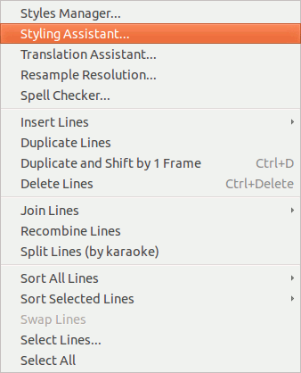 Меню скриптов автоматизации в Aegisub