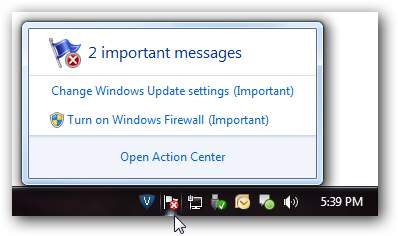 Значок Центра поддержки в области уведомлений панeли задач Windows 7