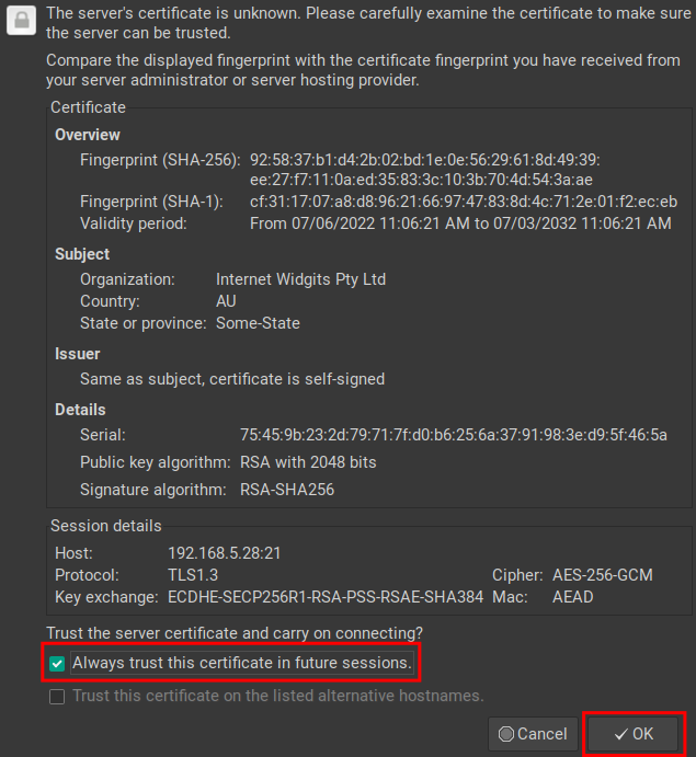 подтверждение сертификата в FileZilla