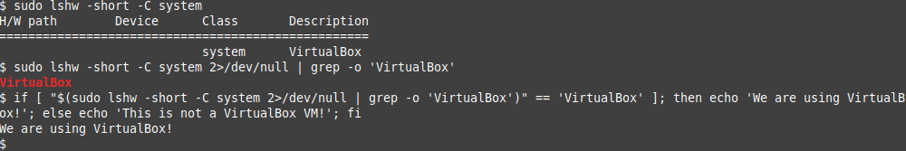 Проверка через lshw, определение VirtualBox по полю system