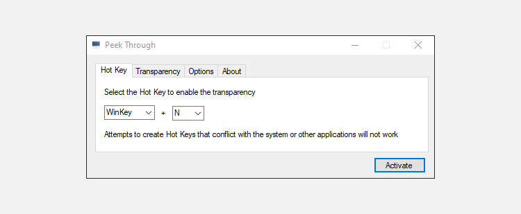 Окно Peek Through с ползунком прозрачности