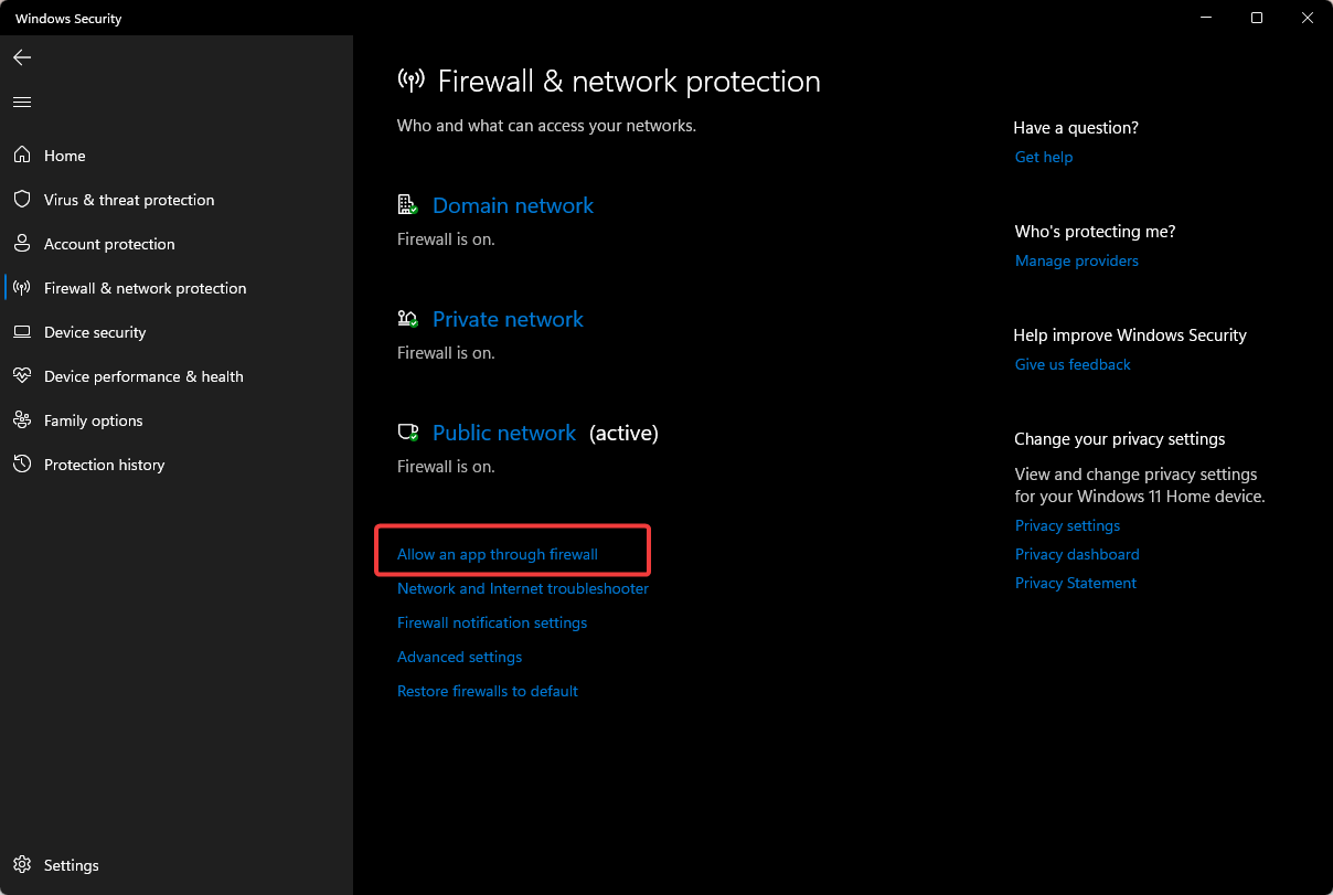 Список разрешённых приложений через брандмауэр