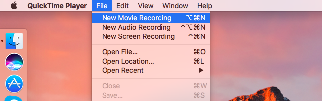 Пункт меню QuickTime New Movie Recording с возможностью выбора источника