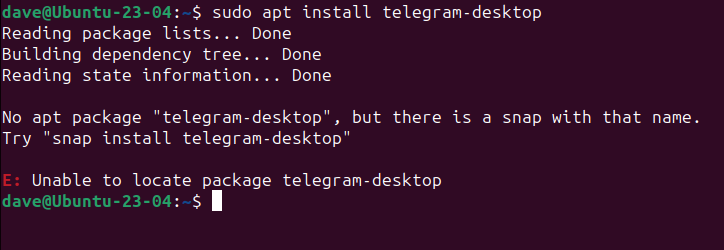 Не удалось установить Telegram с помощью команды apt на Ubuntu Linux
