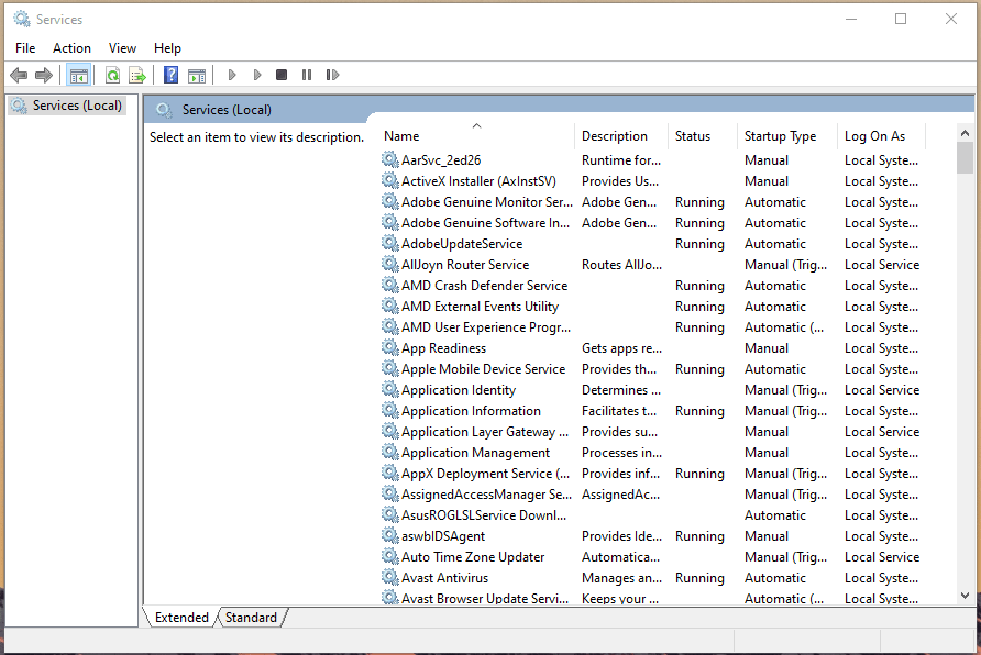 Instalador de Windows en la lista de servicios