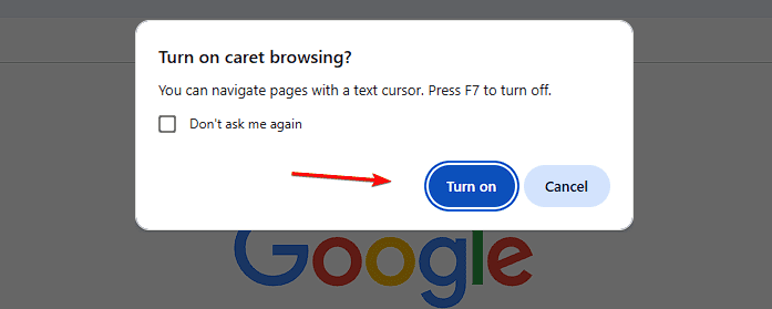 Включение Caret Browsing в Google Chrome через диалог Turn on