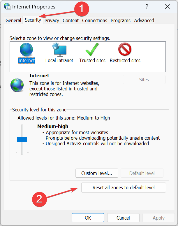 Кнопка 'Сбросить все зоны до уровня по умолчанию'