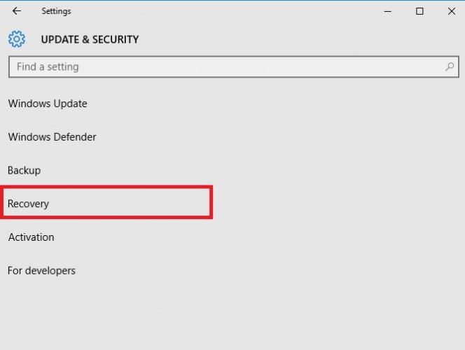 Раздел «Восстановление» в Параметрах