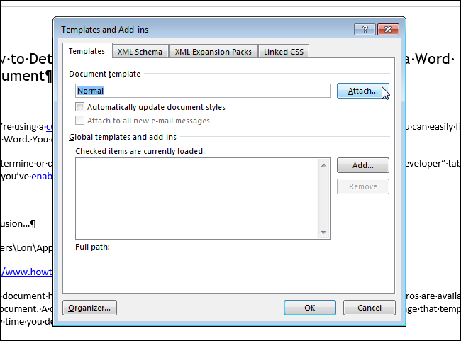 Диалоговое окно «Шаблоны и надстройки» с полем шаблона документа