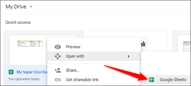 Меню 'Открыть с помощью' в Google Drive — выбор Google Sheets