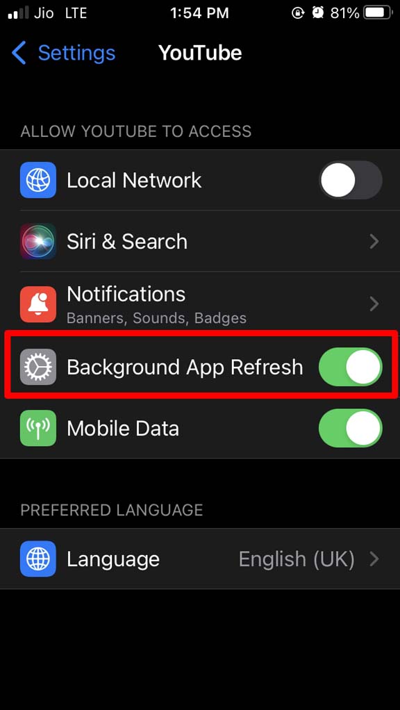 enable-background app refresh for YouTube
