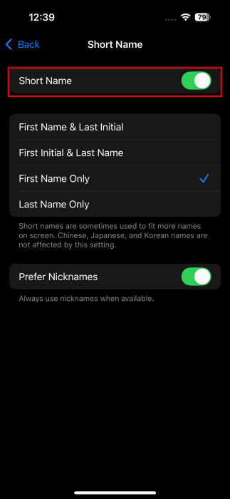Отключение переключателя Короткое имя на iPhone