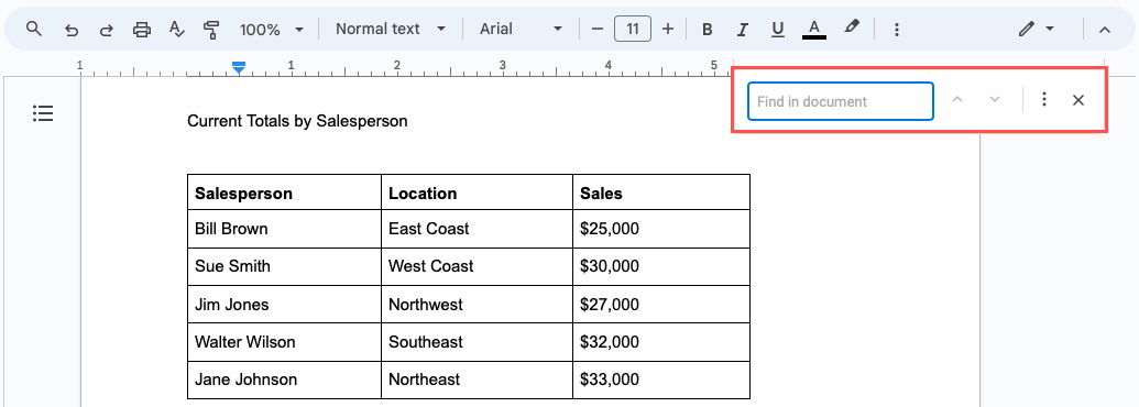 Инструмент поиска в Google Docs в вебе