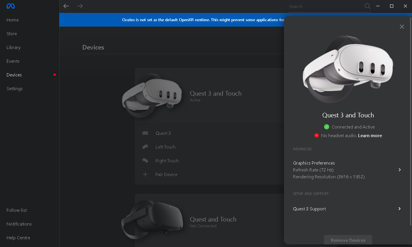 Гарнитура Meta Quest подключена к ПК по кабелю