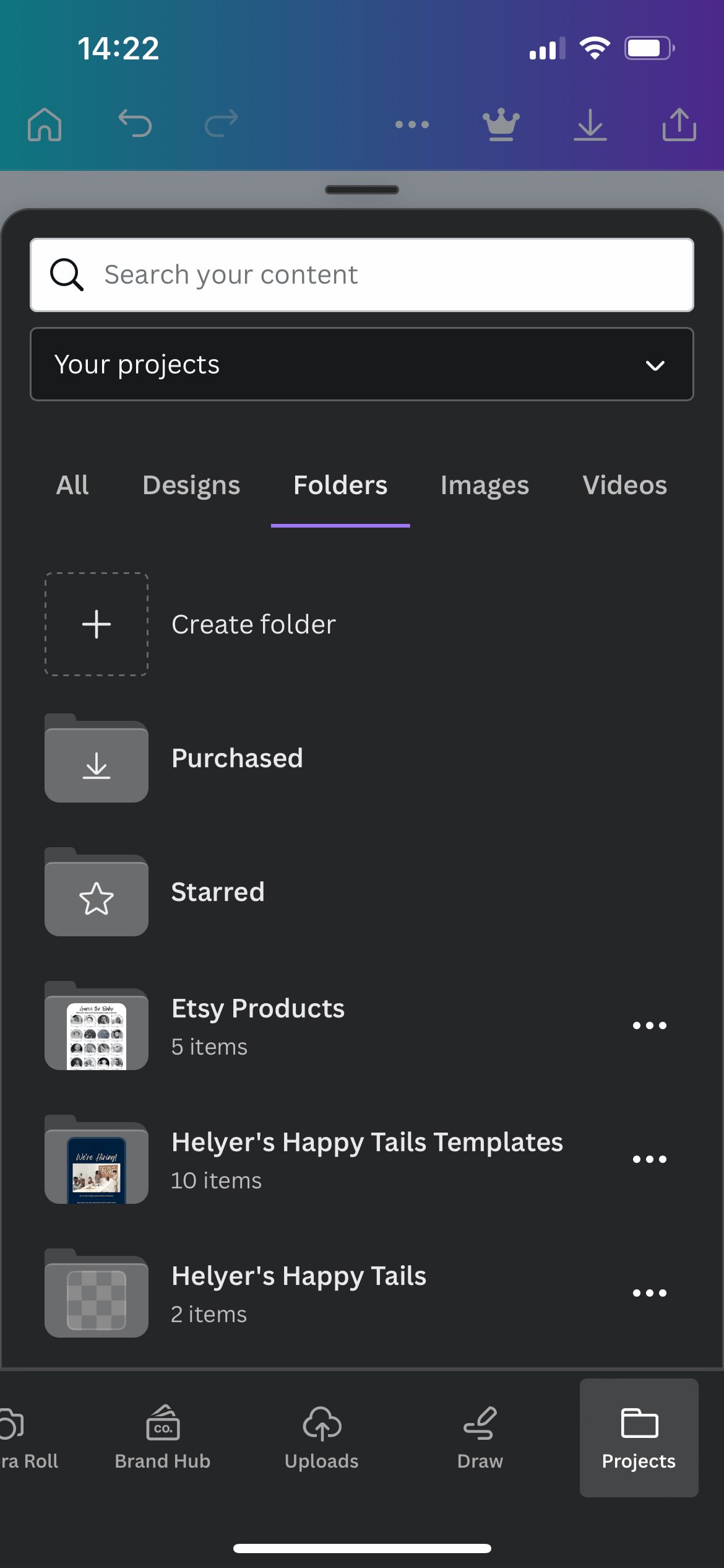 Canva в мобильном интерфейсе с папками.