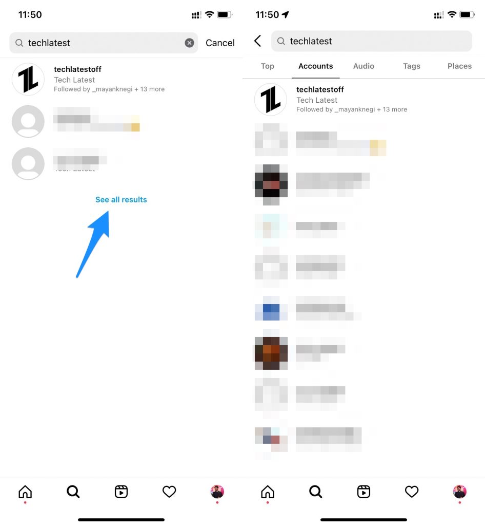 Поиск по никнейму на экране Instagram