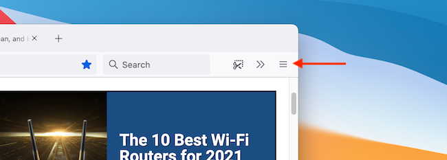 Кнопка меню (три полоски) в правой части панели инструментов Firefox