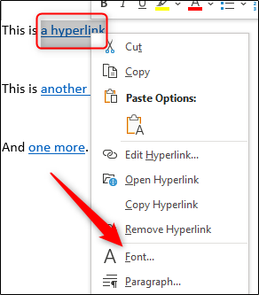 Опция Шрифт в контекстном меню