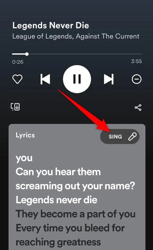Кнопка Sing в интерфейсе Spotify для включения караоке