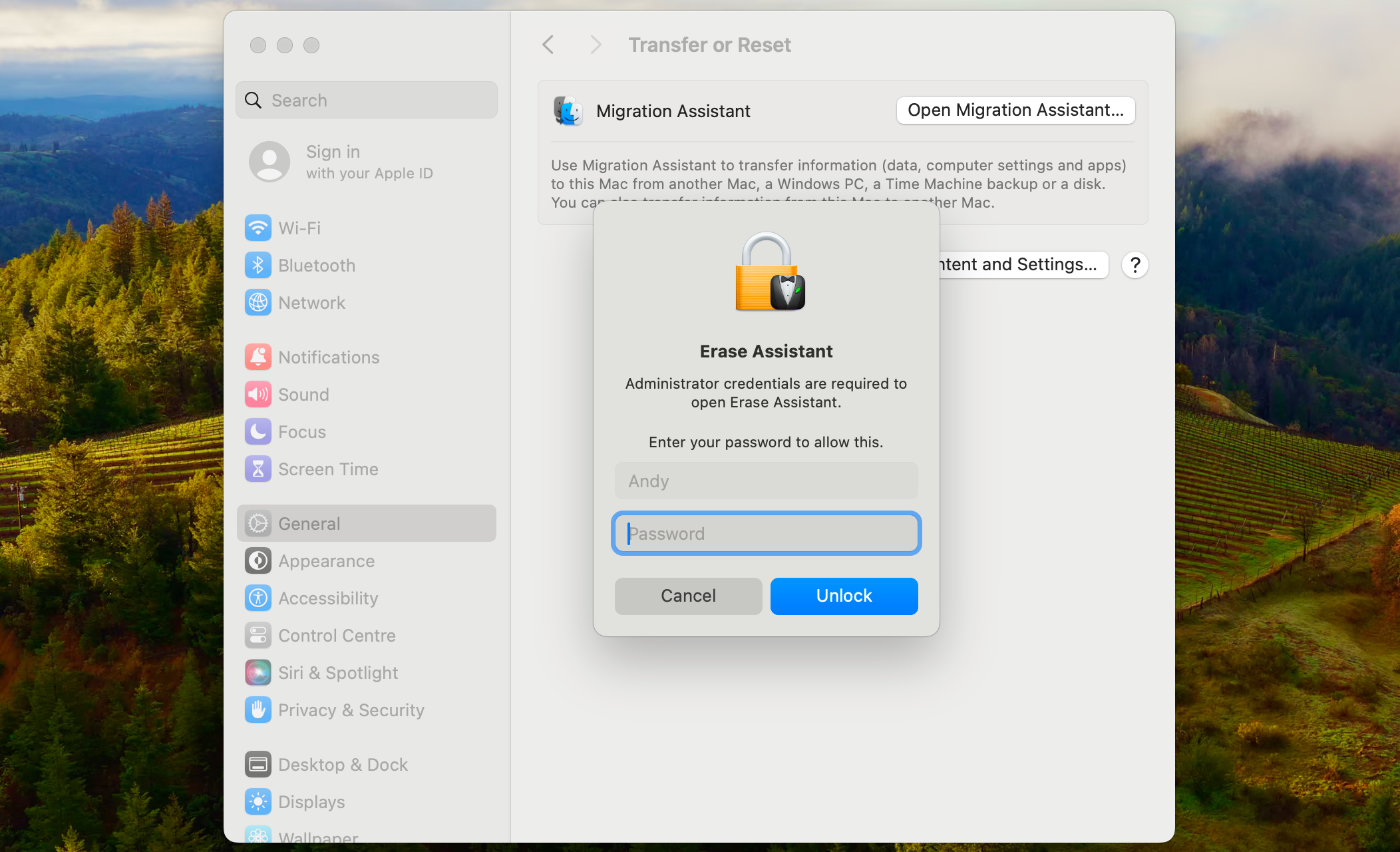 Введите пароль, чтобы запустить Помощник по стиранию.