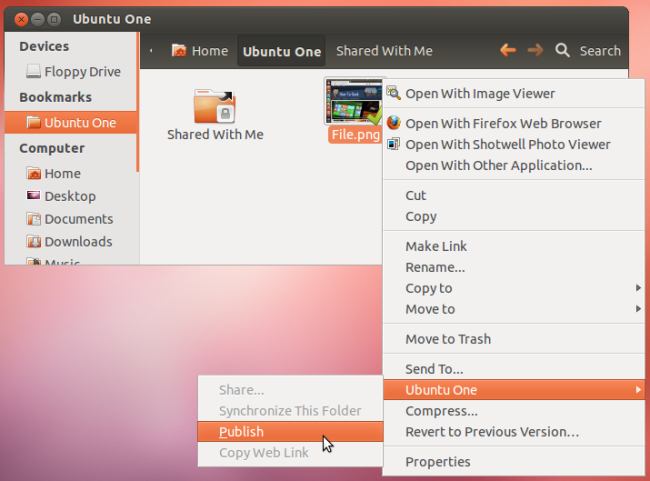 Пункт Publish в меню Ubuntu One для файла