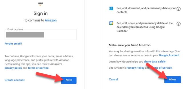 Войдите в аккаунт Google и разрешите доступ Amazon.