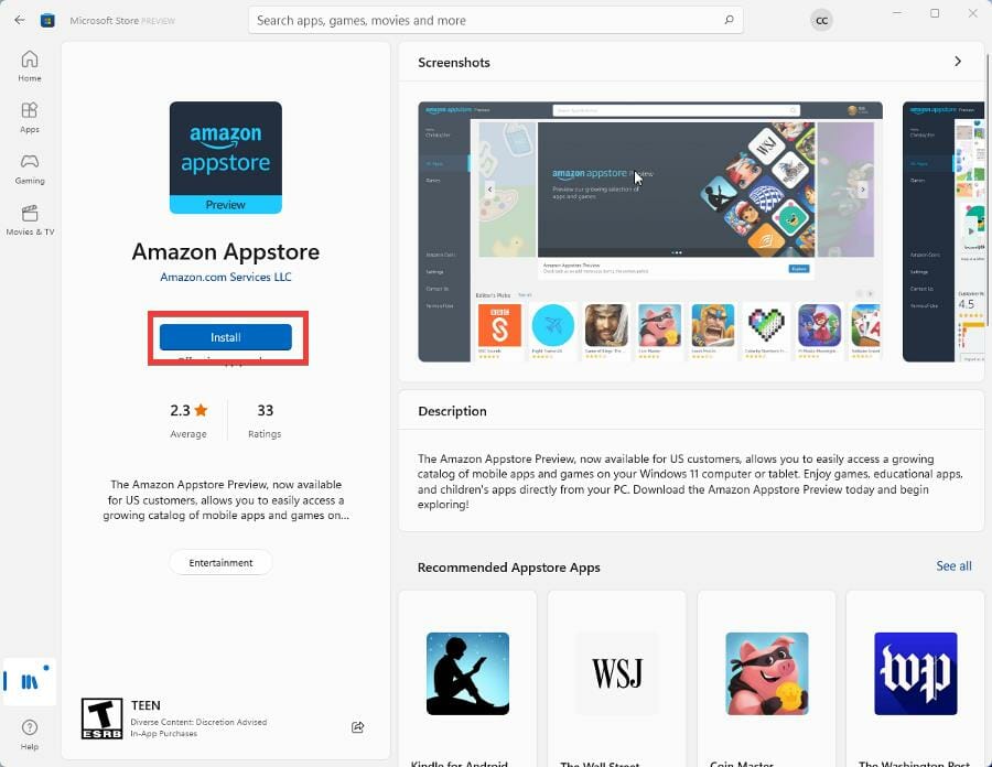 Amazon Appstore 설치 버튼 예시