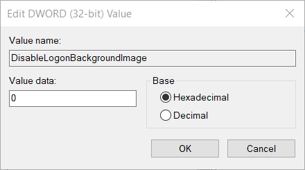 Окно редактирования DWORD DisableLogonBackgroundImage