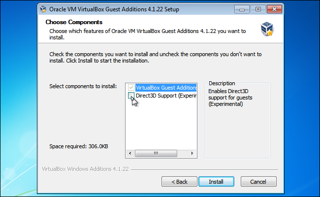 Выбор компонентов Guest Additions: Direct3D Support (Experimental)