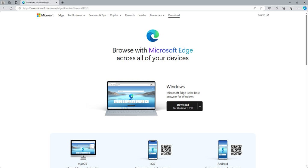 Экран Microsoft Edge после установки на Windows 7