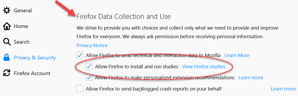 Настройки Firefox — включение исследований