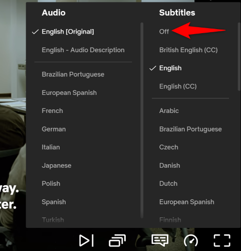 Выберите «Off» для субтитров.