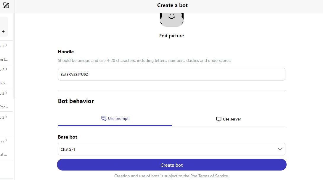 Интерфейс создания бота в Poe